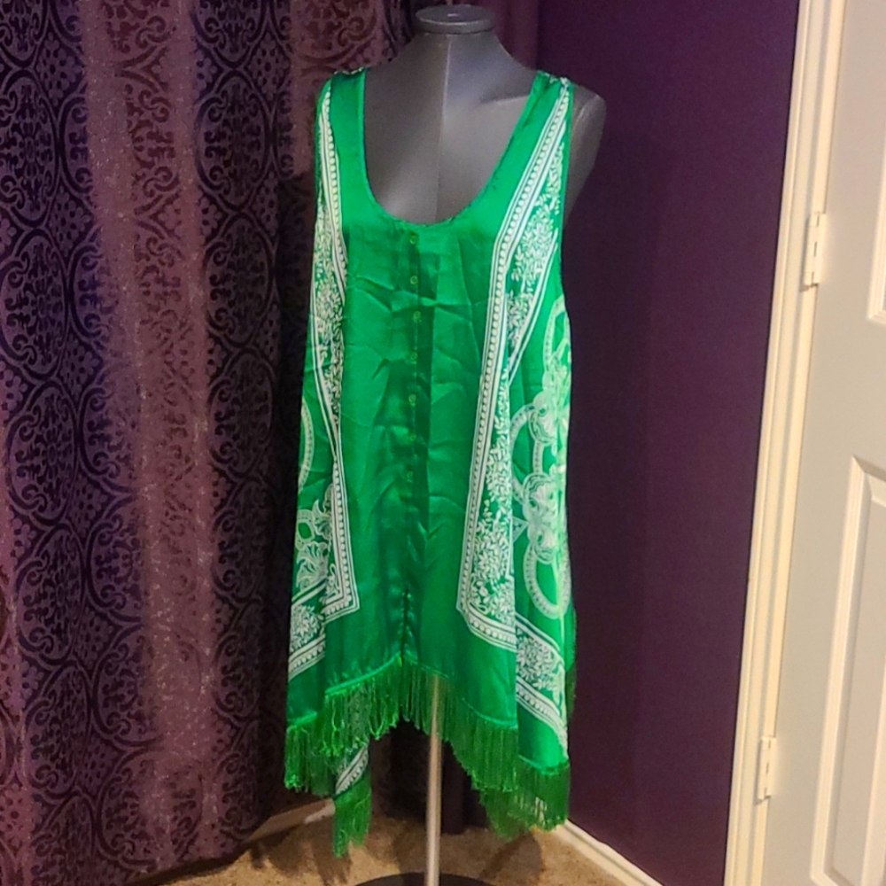 Green Ashley Stewart Top with Fringe size 22/24